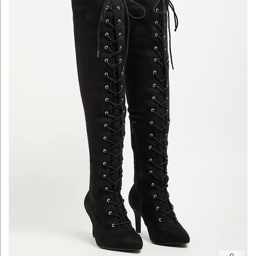 Black lace up over the knee heeled faux suede boots from torrid size 13